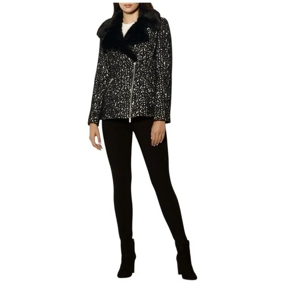 Karen Millen Leopard Print Faux Fur Collar Moto Jacket Women Black White Size 10